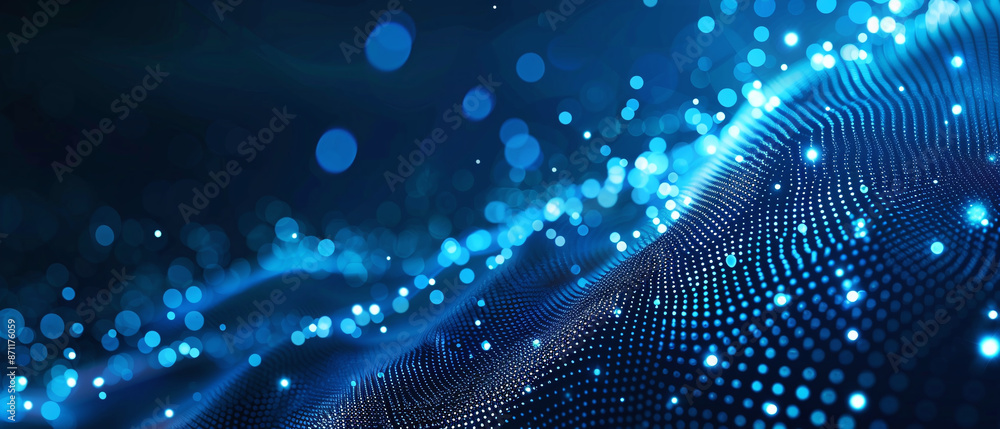 A dynamic abstract image featuring a blue digital wave with scattered light particles, creating a futuristic and energetic visual effect.
A dynamic abstract image featuring a blue digital wave with scattered light particles, creating a futuristic and energetic visual effect.