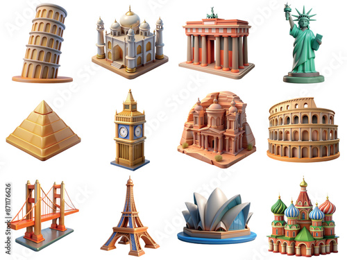 Collection of world most famous landmarks 3d icons. Travel concept