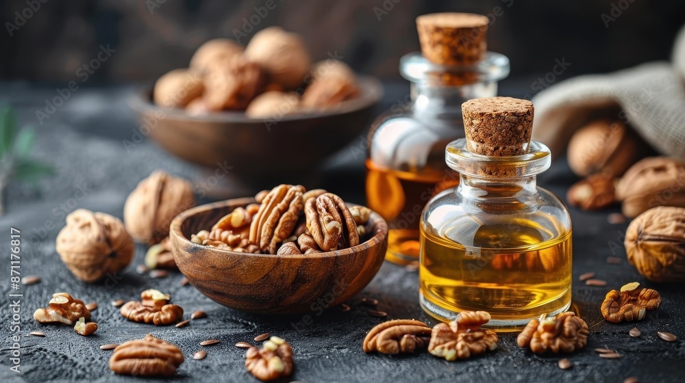 A bowl of assorted nuts is surrounded by glass bottles of oil on a dark textured surface, creating a rustic and inviting culinary presentation suited for health-conscious consumers. A bowl of assorted nuts is surrounded by glass bottles of oil on a dark textured surface, creating a rustic and inviting culinary presentation suited for health-conscious consumers.