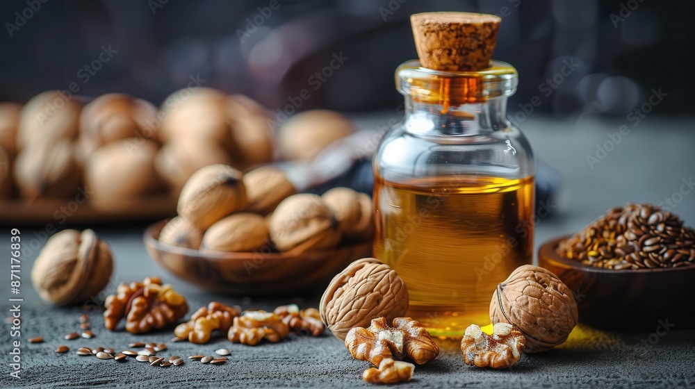 A collection of walnuts and a bottle of walnut oil on a rustic wooden surface, highlighting the natural aesthetics, nutrition, and culinary uses of these healthy, heart-friendly foods. A collection of walnuts and a bottle of walnut oil on a rustic wooden surface, highlighting the natural aesthetics, nutrition, and culinary uses of these healthy, heart-friendly foods.