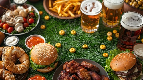 An inviting image showing burgers, chicken wings, French fries, and glasses of beer, beautifully arranged on a grassy tabletop, evoking a sense of a casual outdoor feast. photo