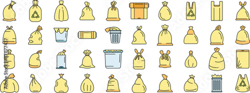 Bag for trash icons set outline vector. Food garbage. Dirty dustbin thin line color flat on white
