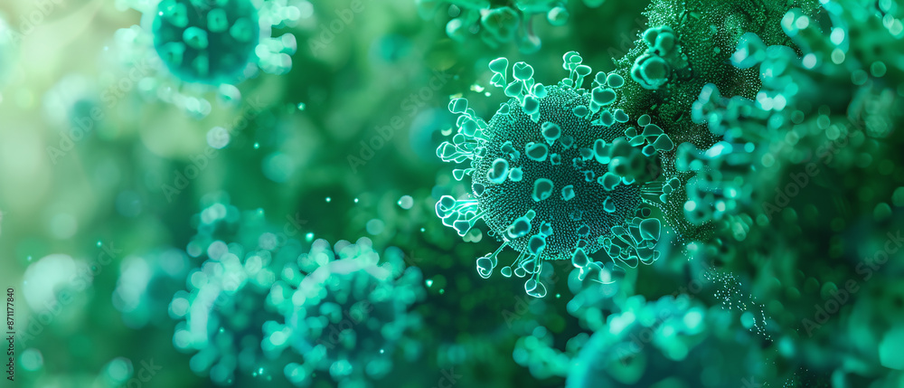 A highly detailed close-up of green virus particles floating in a greenish background, illustrating a microbiological concept.
A highly detailed close-up of green virus particles floating in a greenish background, illustrating a microbiological concept.