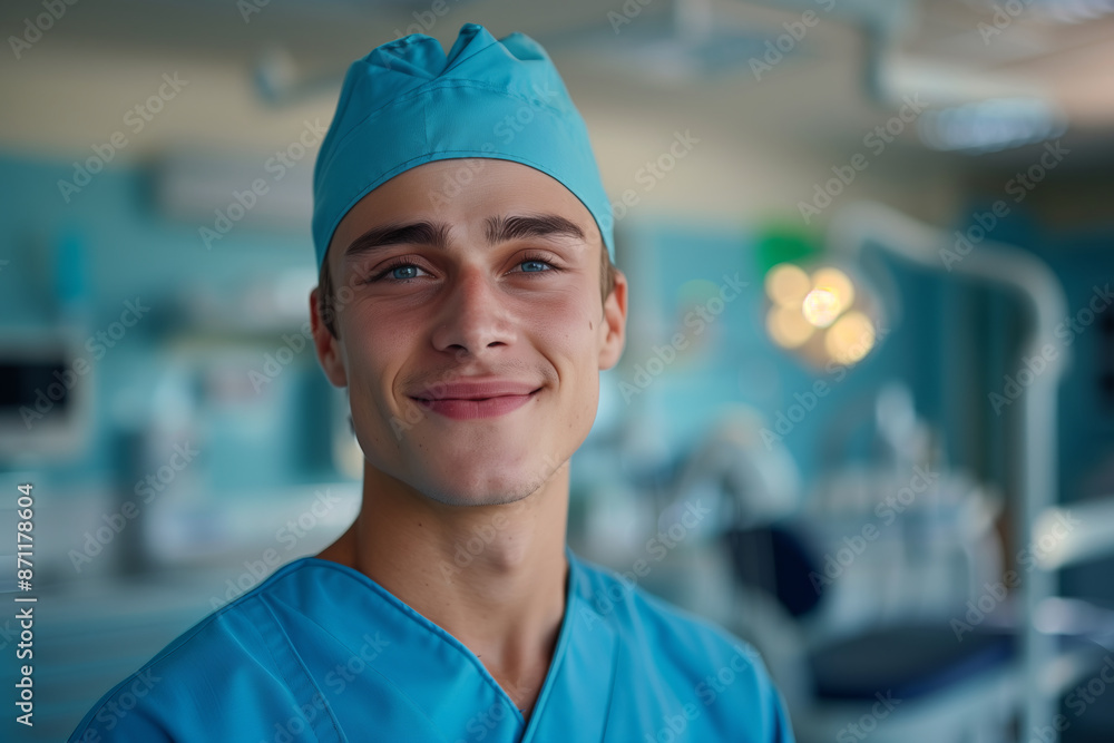 Caucasian dentist smiling confidently in operating room. Caucasian dentist smiling confidently in operating room.