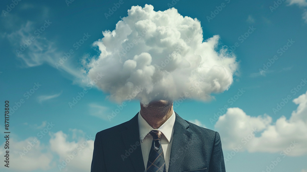 Business man in a suit with his head in the clouds brain fog Business man in a suit with his head in the clouds brain fog