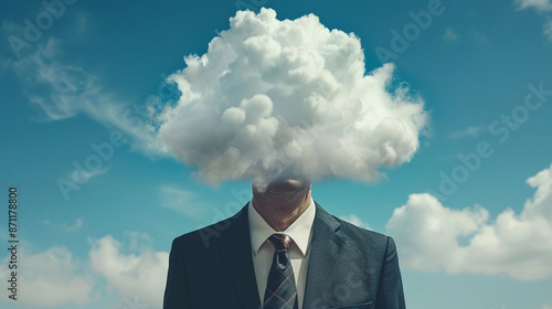 Business man in a suit with his head in the clouds brain fog