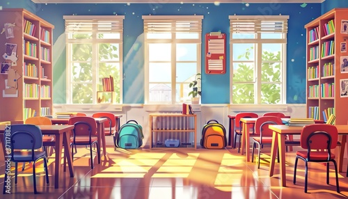 Empty Classroom With Backpacks and Bookshelves by the Window on a Sunny Day, cartoon