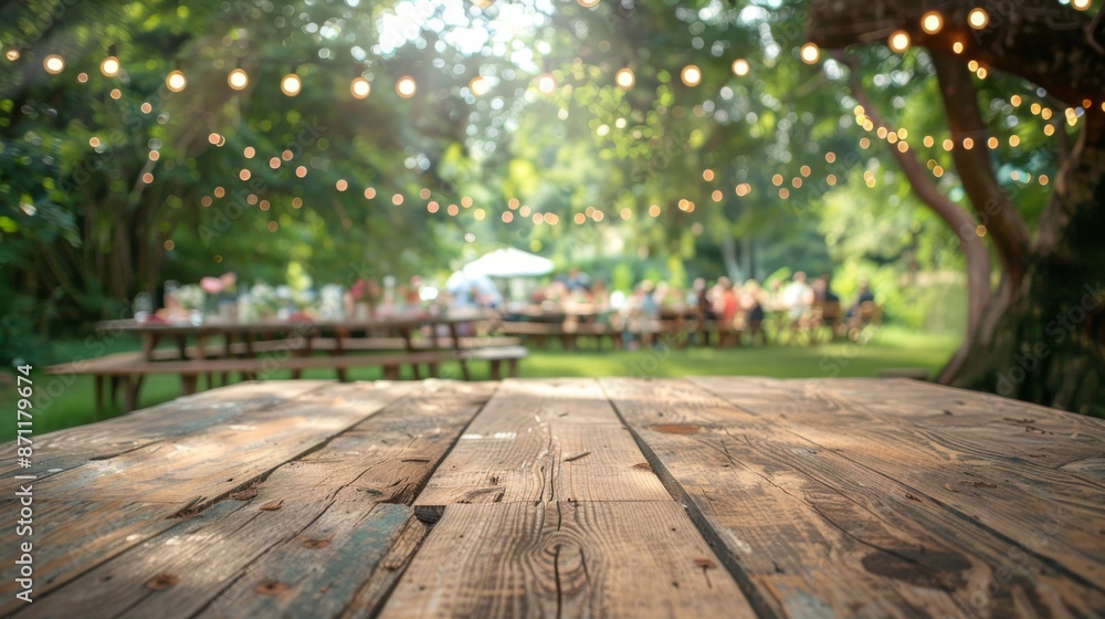 A rustic wooden table in focus, set at an outdoor event with blurred people in the background and festive string lights hanging overhead, creating a warm, inviting atmosphere. A rustic wooden table in focus, set at an outdoor event with blurred people in the background and festive string lights hanging overhead, creating a warm, inviting atmosphere.
