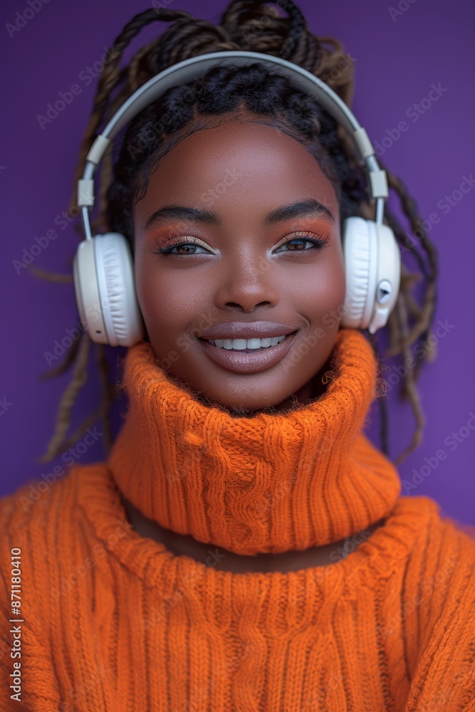 Smiling African American woman with headphones wearing an orange sweater Smiling African American woman with headphones wearing an orange sweater