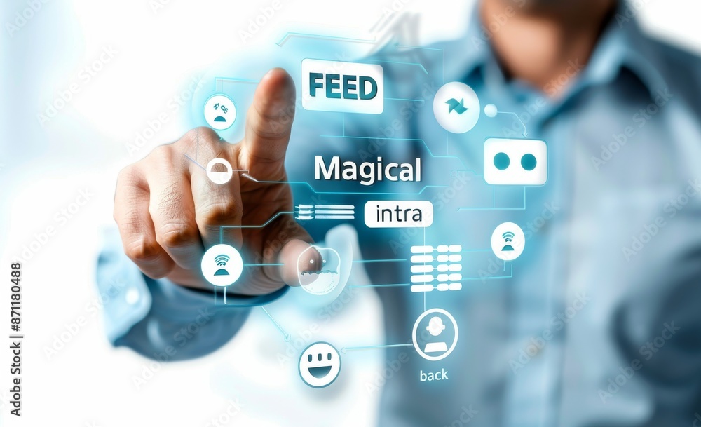 Businessman interacting with a virtual screen showing various digital icons Businessman interacting with a virtual screen showing various digital icons