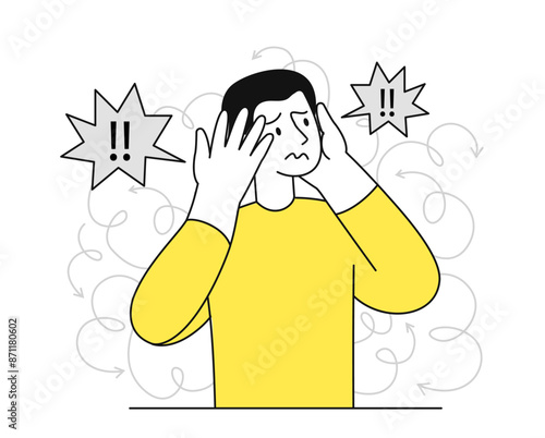 Man with anxiety concept. Young guy in stress. Nervous person. Character in panic and shock. Depression and frustration, loneliness. Linear flat vector illustration