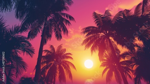 Golden hues fill the evening sky as the sunset behind palm trees creates a dramatic and visually stunning tropical landscape, perfect for nature and travel enthusiasts.