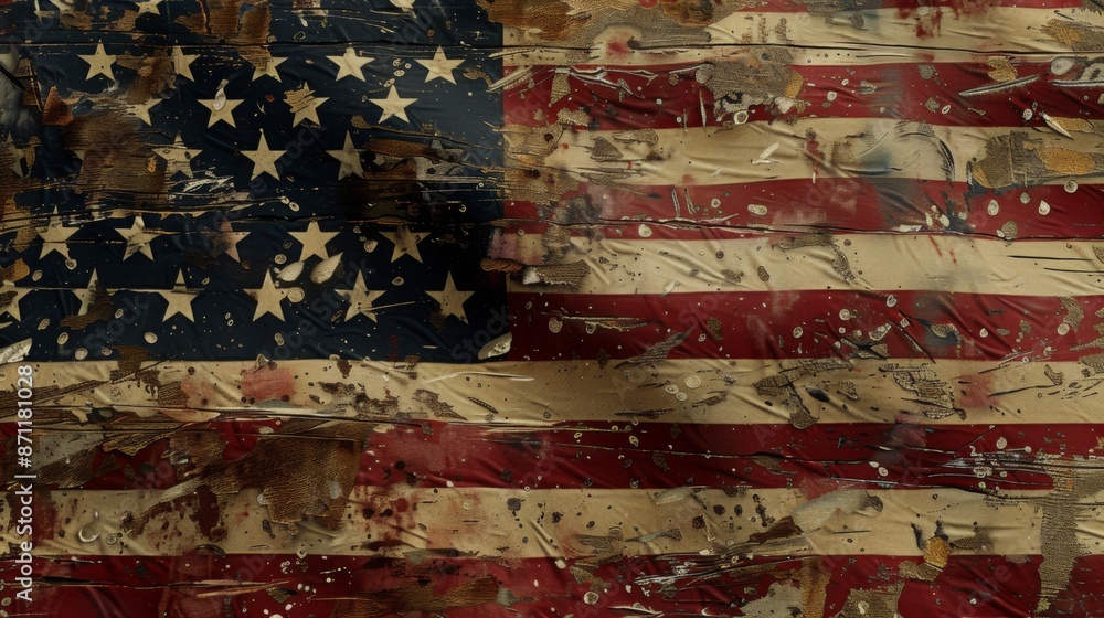 This image showcases an American flag with a grungy, rugged aesthetic, covered in paint splatters and stains, representing a raw and artistic interpretation of the classic design. This image showcases an American flag with a grungy, rugged aesthetic, covered in paint splatters and stains, representing a raw and artistic interpretation of the classic design.