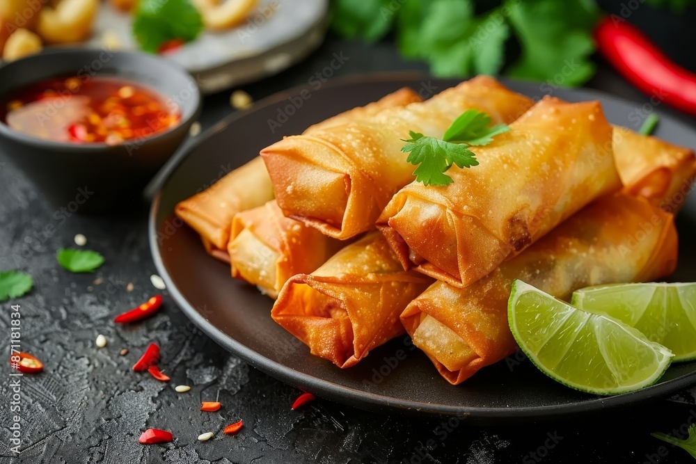 Deep fried spring rolls with sweet chili sauce and lime on a plate Deep fried spring rolls with sweet chili sauce and lime on a plate