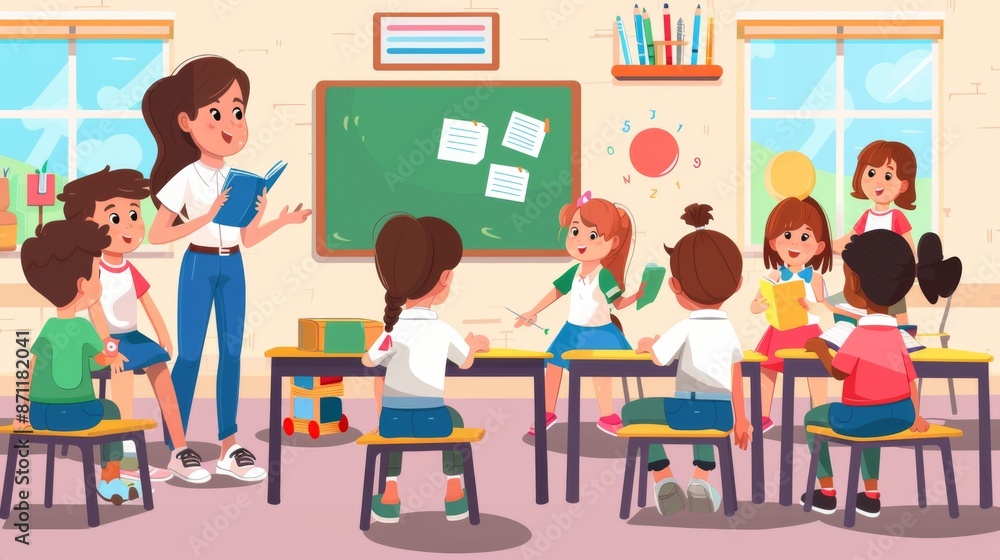 A teacher reads to a group of young students seated at desks in a classroom, highlighting an active and engaging learning environment, fostering educational development. A teacher reads to a group of young students seated at desks in a classroom, highlighting an active and engaging learning environment, fostering educational development.