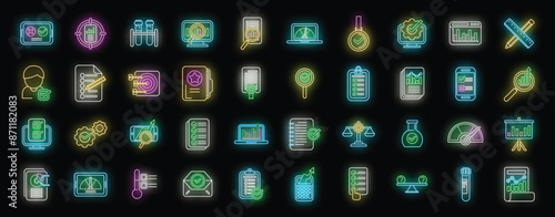 Benchmark testing icons set outline vector. Aspekt development. Expertise rating neon color on black