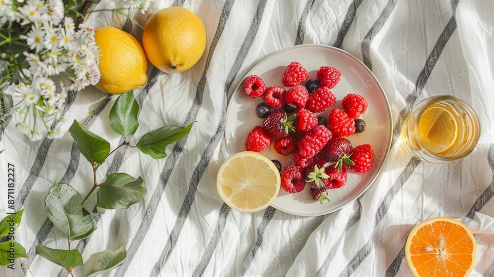 An aesthetically pleasing arrangement of fresh fruits, including raspberries and lemons, complemented by a beverage and floral decor, creating a vibrant and refreshing visual. An aesthetically pleasing arrangement of fresh fruits, including raspberries and lemons, complemented by a beverage and floral decor, creating a vibrant and refreshing visual.