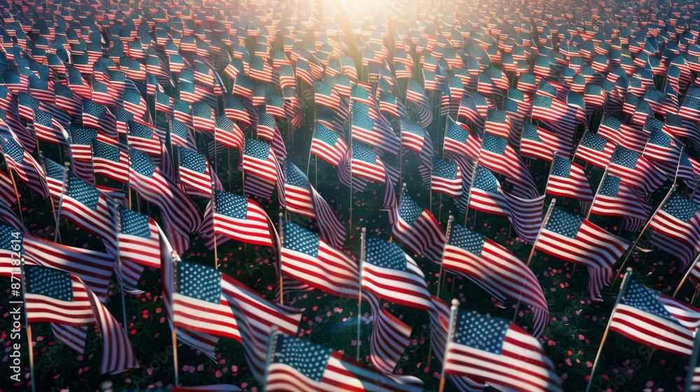 Fototapeta premium A wide angle photo capturing a vast display of American flags planted in the ground, bathed in sunlight, symbolizing unity, celebration, and national pride.