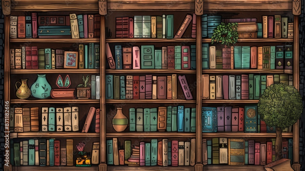 A detailed illustration of a well-organized bookshelf with various books, plants, and decorative items, providing a cozy and intellectual atmosphere. A detailed illustration of a well-organized bookshelf with various books, plants, and decorative items, providing a cozy and intellectual atmosphere.