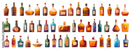 Cartoon alcoholic bottles set. Bar menu alcohol drinks champagne brandy beer martini cognac vector illustration