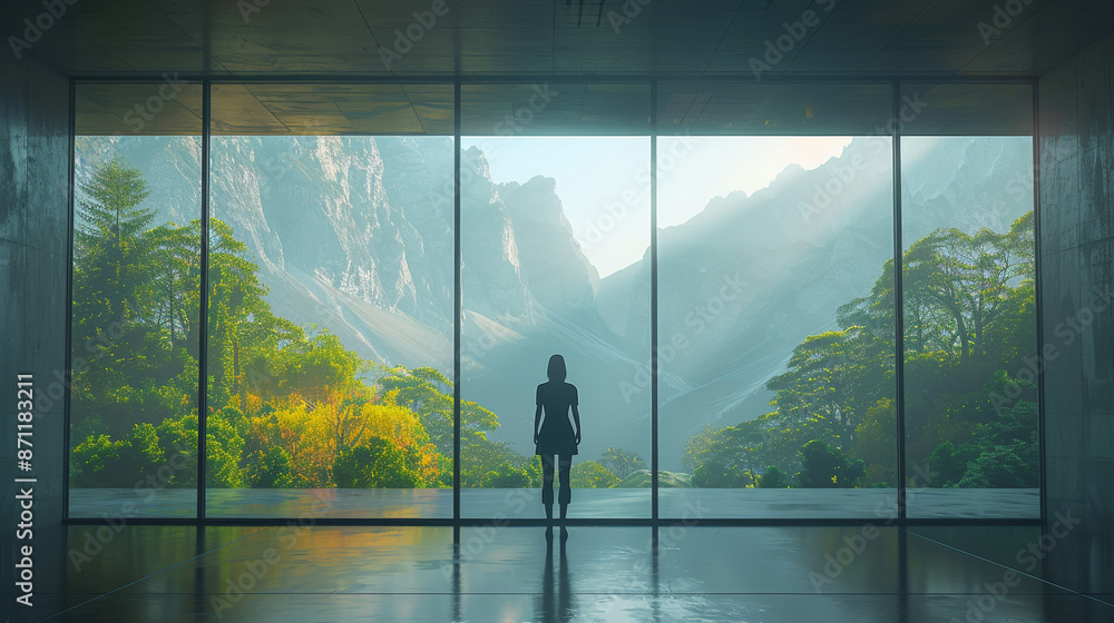 A realistic photo featuring a double-height ceiling interior with a large glass window overlooking an amazing view, capturing a breathtaking vista. A realistic photo featuring a double-height ceiling interior with a large glass window overlooking an amazing view, capturing a breathtaking vista.