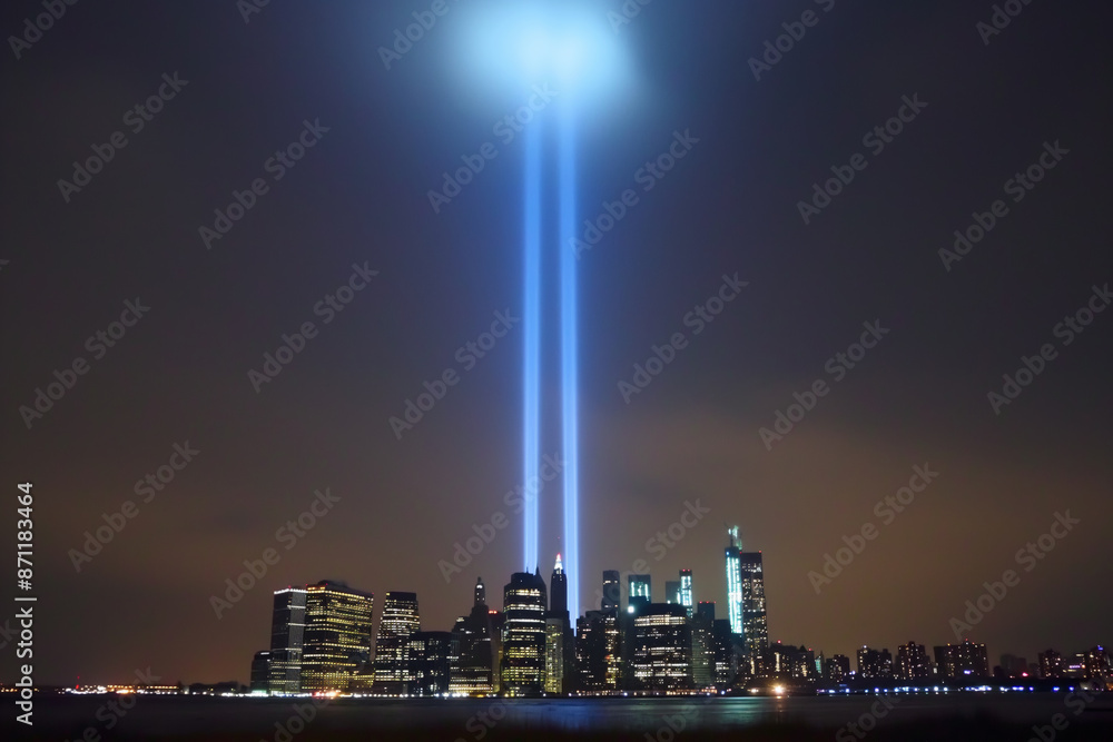 Obraz premium A city skyline at night, distinguished by two beams of light emanating from the summit of a skyscraper, piercing darkness and forming an iconic tower silhouette.Suitable for Patriot Day,Memorial Day