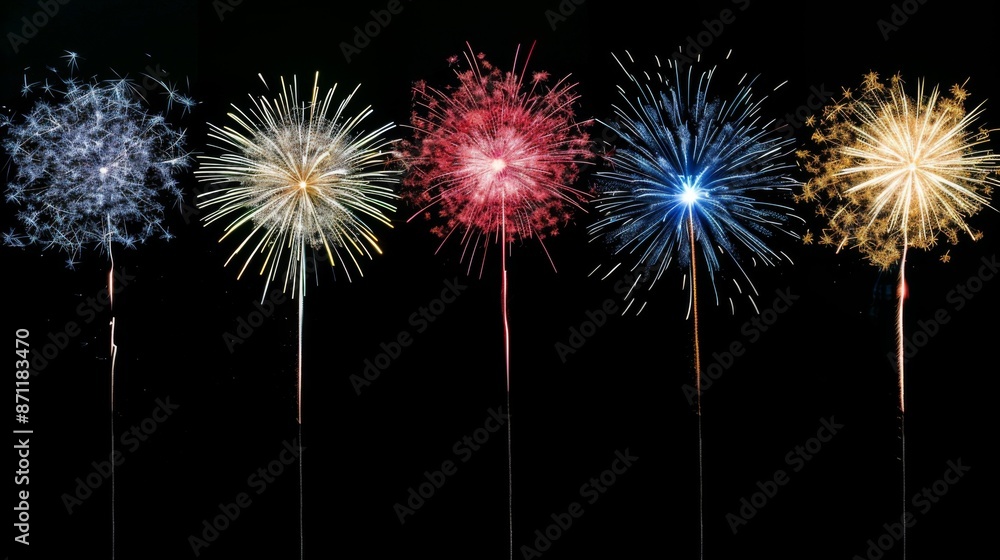 A captivating image depicting five vibrant fireworks displays set against a black night sky, showcasing bursts of colors including white, gold, red, blue, and orange. A captivating image depicting five vibrant fireworks displays set against a black night sky, showcasing bursts of colors including white, gold, red, blue, and orange.