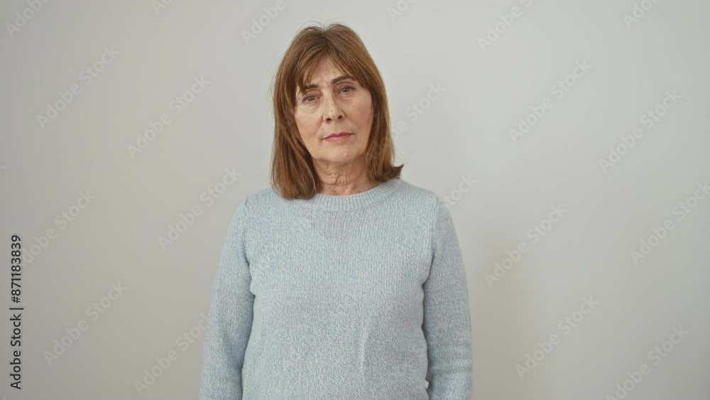 Beautiful, mature woman in simple sweater, standing, earnest look on face, displaying serious, natural expression. trusting gaze directed at camera against isolated white wall. Beautiful, mature woman in simple sweater, standing, earnest look on face, displaying serious, natural expression. trusting gaze directed at camera against isolated white wall.