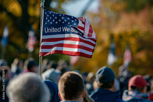 The flag bears the message 