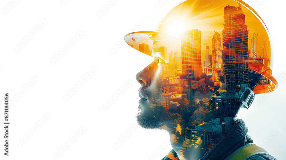 Portrait of a construction worker man with safety helmet letting see city buildings under construction on white background with copy space Portrait of a construction worker man with safety helmet letting see city buildings under construction on white background with copy space