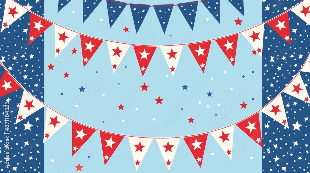 Obraz premium Colorful bunting illustration in red, white, and blue design with stars, reflecting a festive and patriotic theme, ideal for national celebrations and events.