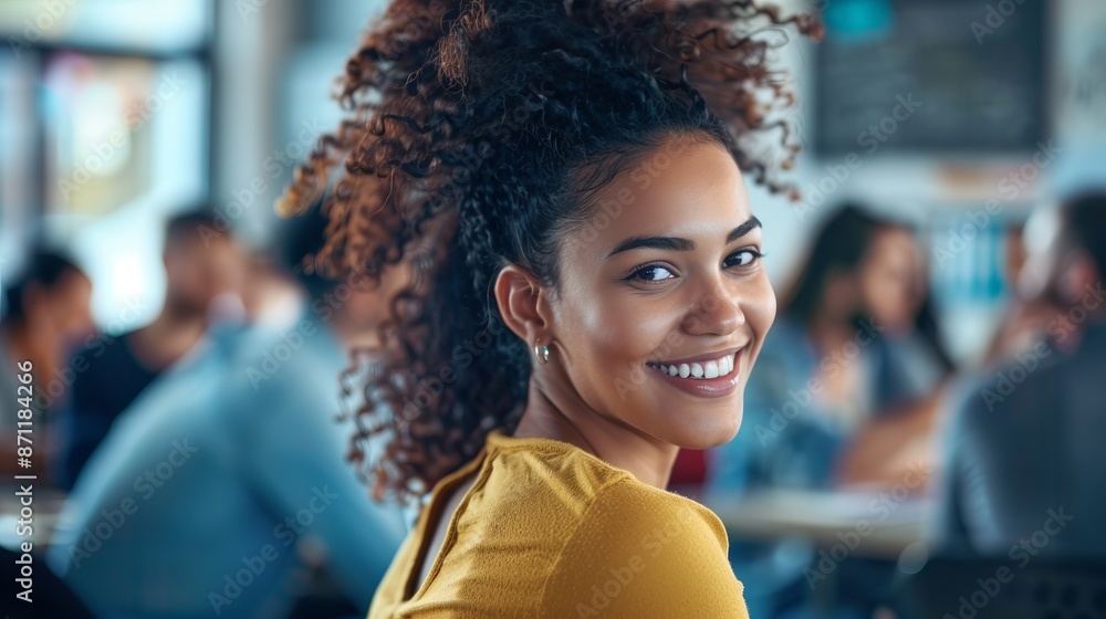 Obraz premium Bright and cheerful woman smiling in a lively cafe. A casual, candid moment captured in a cozy, modern coffee shop. Ideal for lifestyle, social, and everyday moments. Perfect for editorial use. AI