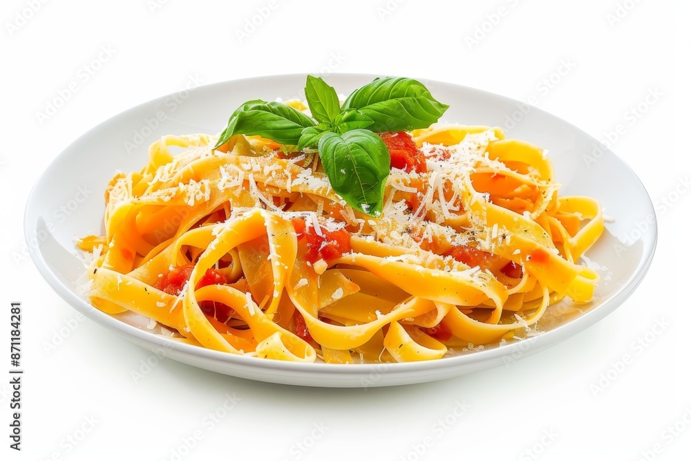 Egg pasta with tomato sauce parmesan and basil on white plate Egg pasta with tomato sauce parmesan and basil on white plate