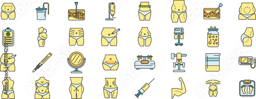 Liposuction icons set outline vector. Waist women. Belly body thin line color flat on white