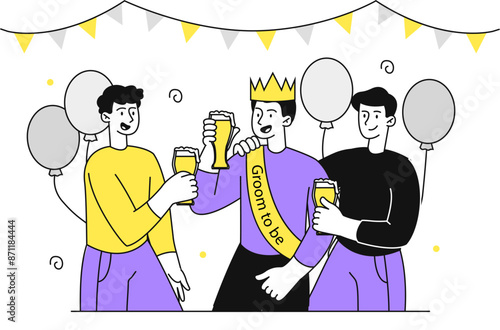 Groom in party. Men celebrate future wedding with beer. Holiday and event, disco. Young guys ith glasses of alcoholic products. Linear flat vector illustration