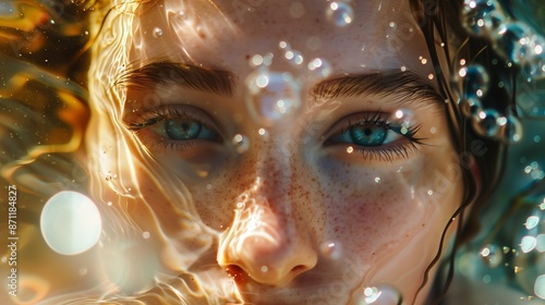 Close-up of a Face with Blue Eyes and Freckles Submerged in Water