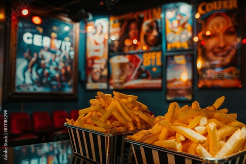 Two baskets of golden french fries in a retro movie theater setting