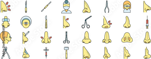 Rhinoplasty icons set outline vector. Human nose. Woman anatomy thin line color flat on white