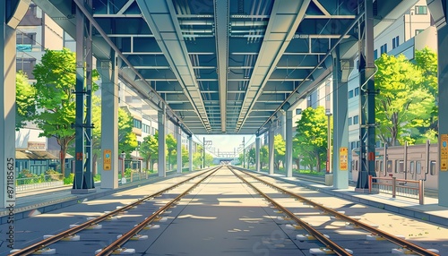 Empty Street Underneath Elevated Train Tracks in Japanese City on Sunny Day, cartoon