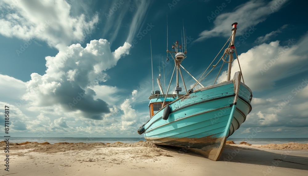 A vibrant blue boat sits majestically on a sandy beach, juxtaposed against a dramatic sky filled with ethereal clouds, embodying serenity and adventure. A vibrant blue boat sits majestically on a sandy beach, juxtaposed against a dramatic sky filled with ethereal clouds, embodying serenity and adventure.