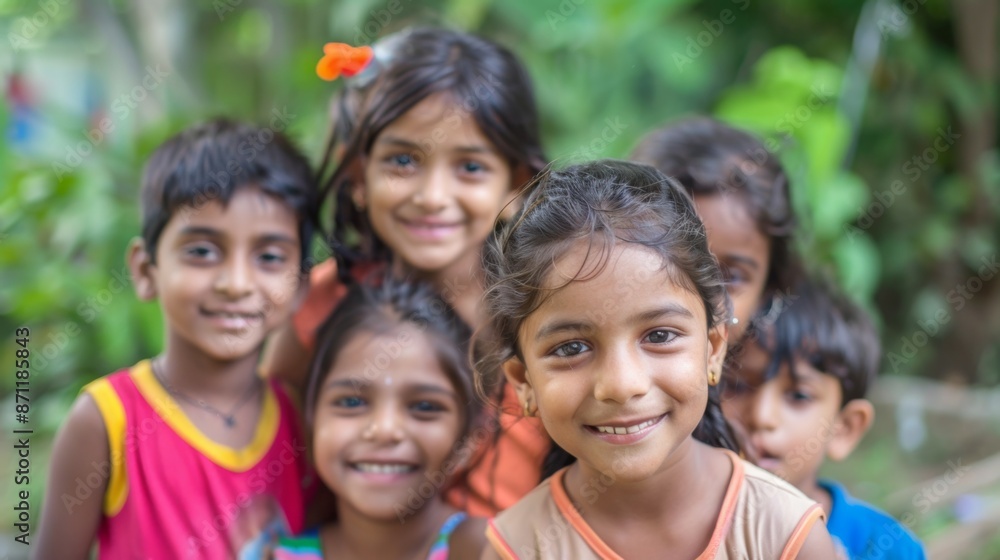 A mix of smiling children happily posing together outdoors in a natural setting, embracing the joy of friendship and the innocence of childhood in a vibrant environment. A mix of smiling children happily posing together outdoors in a natural setting, embracing the joy of friendship and the innocence of childhood in a vibrant environment.