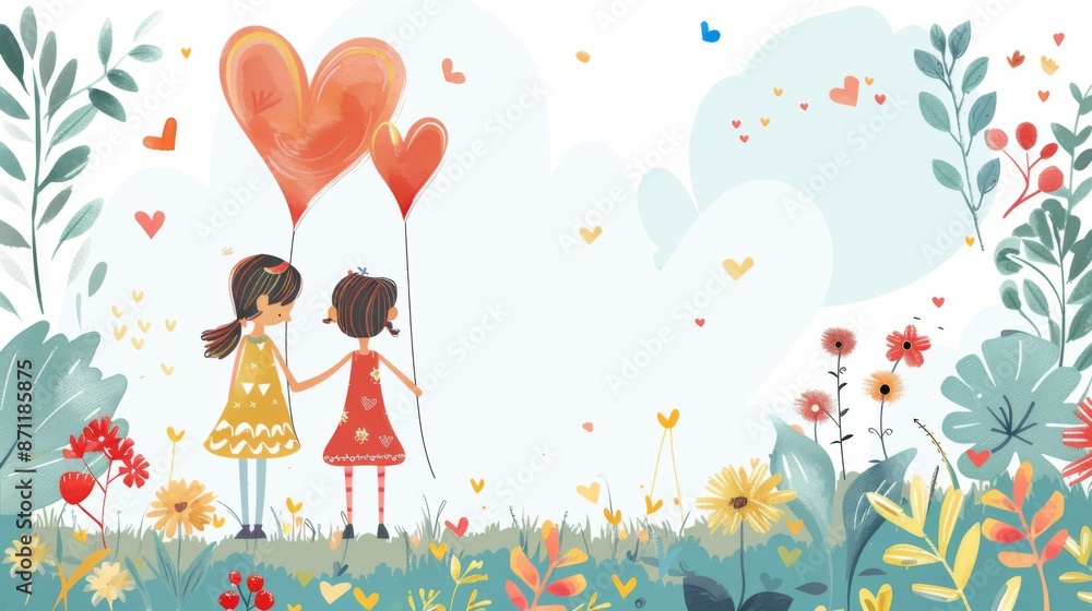 A playful illustration of two young girls holding heart-shaped balloons in a whimsical garden, surrounded by blooming flowers and colorful foliage, evoking innocence and joy. A playful illustration of two young girls holding heart-shaped balloons in a whimsical garden, surrounded by blooming flowers and colorful foliage, evoking innocence and joy.
