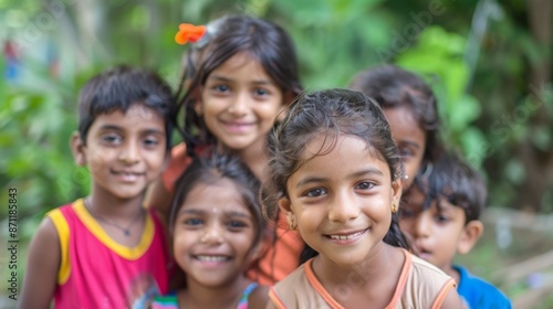 A mix of smiling children happily posing together outdoors in a natural setting, embracing the joy of friendship and the innocence of childhood in a vibrant environment. © Nicholas