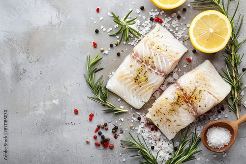 Fresh Pollachius virens fillet for healthy eating Seasoned with lemon rosemary sea salt chili and pepper on light stone background