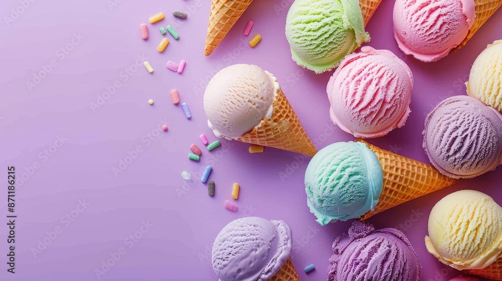 A cheerful image displaying multiple ice cream cones filled with vibrant and colorful scoops, alongside sprinkles and served on a purple background, highlighting summer delights and joy. A cheerful image displaying multiple ice cream cones filled with vibrant and colorful scoops, alongside sprinkles and served on a purple background, highlighting summer delights and joy.