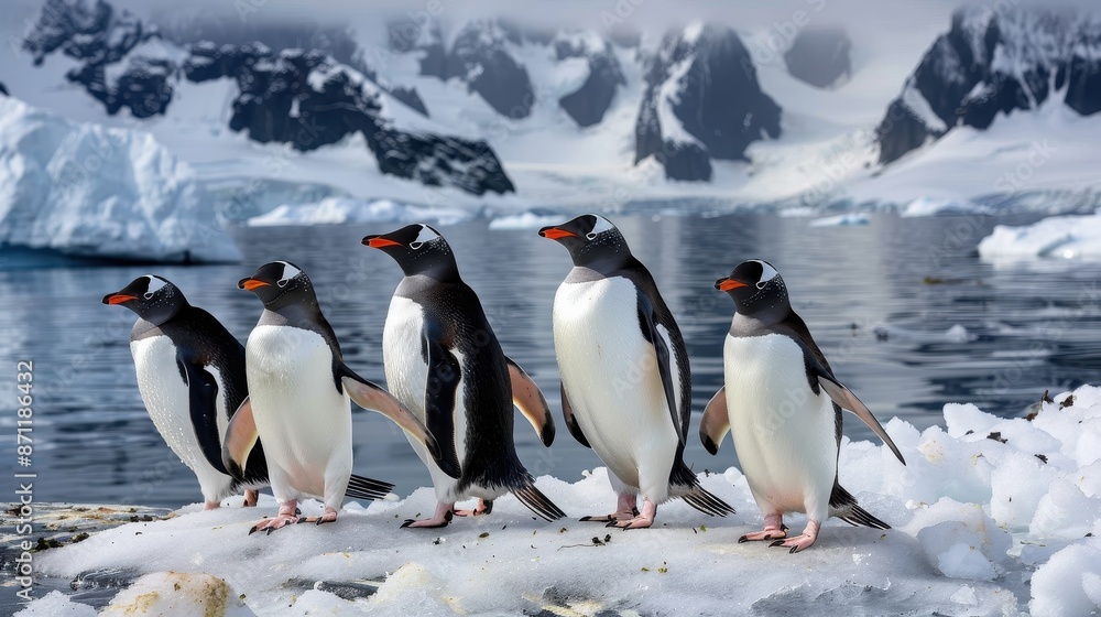 Fototapeta premium Five penguins stand together in close proximity on icy ground by a tranquil body of water, with snow-covered mountains in the distance and clear skies above.