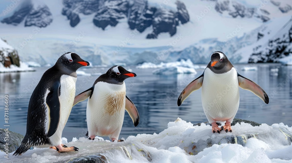 Fototapeta premium A trio of penguins stand on an icy shoreline, gazing across the calm Antarctic waters, with a backdrop of snow-covered mountains creating a reflective and peaceful scene.