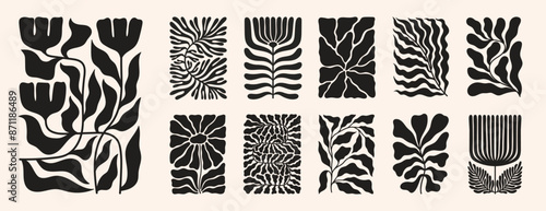 A retro 70s-inspired vector poster featuring a groovy floral pattern with Matisse-style leaf shapes and doodles, blending modern and organic elements.