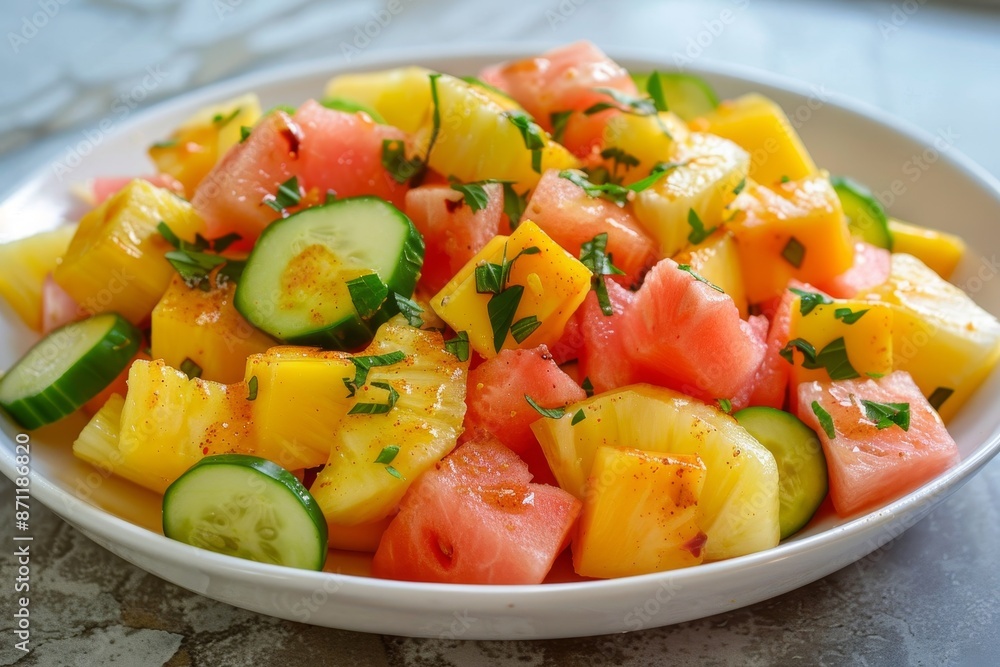 Fruit salad with spicy peanut sauce including a variety of fruits Fruit salad with spicy peanut sauce including a variety of fruits