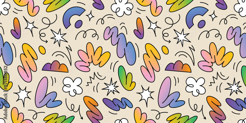 A vibrant vector seamless pattern featuring abstract floral shapes, colorful squiggle doodles and groovy lines. Perfect for retro-inspired decor and creative projects A vibrant vector seamless pattern featuring abstract floral shapes, colorful squiggle doodles and groovy lines. Perfect for retro-inspired decor and creative projects